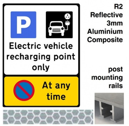 Electric Vehicle Recharging Point Only Sign + No Parking At Any Time